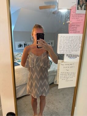 Peppermint Beige Chevron Ruffle Mini Dress